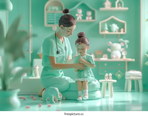 A female doctor is checking up on a little girl in a green room