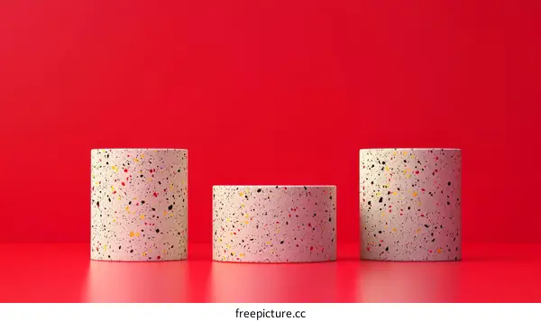 Three Colorful Terrazzo Cylindrical Display Stands on Red Background