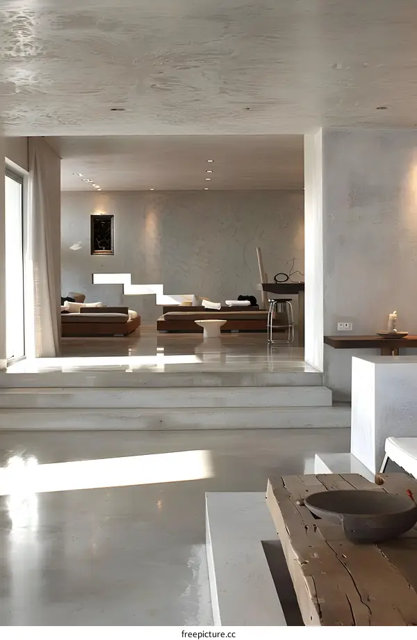 Modern Minimalist Interior Design With Concrete Walls And Wooden Table