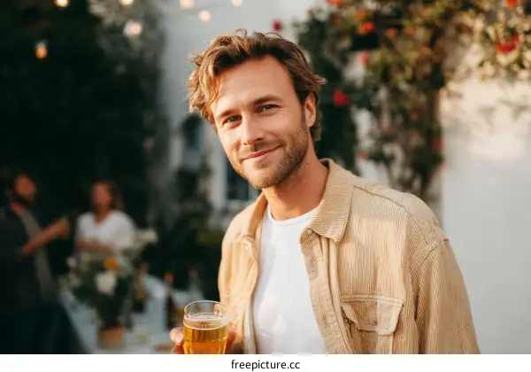 Outdoor Gathering Smiling Man with Beer