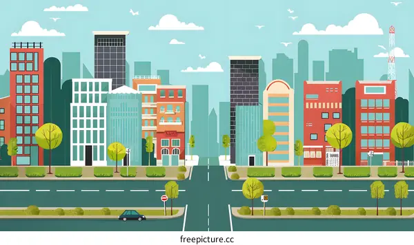 Cityscape Illustration with Modern Buildings, Trees and a Car