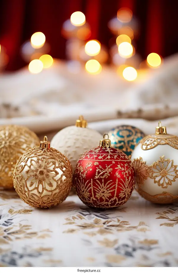 Ornate Christmas ornaments with a blurred background of warm lights