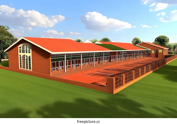 Red Brick School Building with Tennis Court and Green Grass