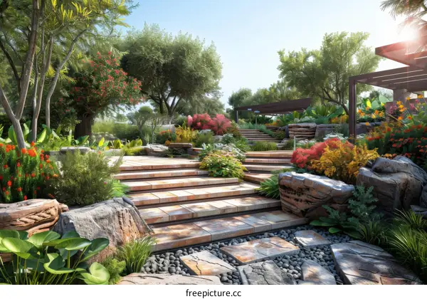 Serene Garden Path with Abundant Plants and Flowers