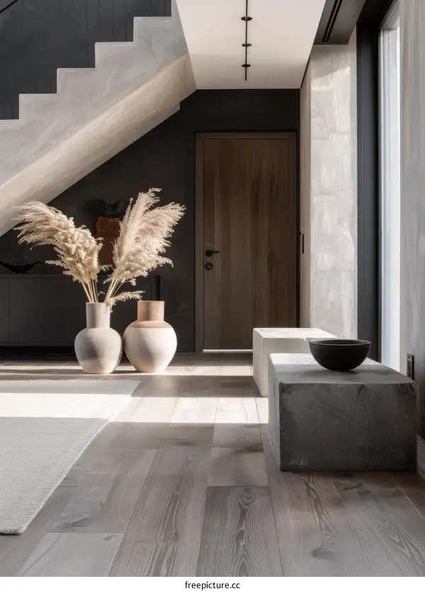 A minimalist entryway with a modern staircase and a large wooden door
