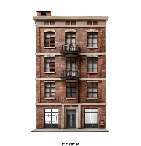 [Transparent Background PNG]Brick Building with Balconies and Windows