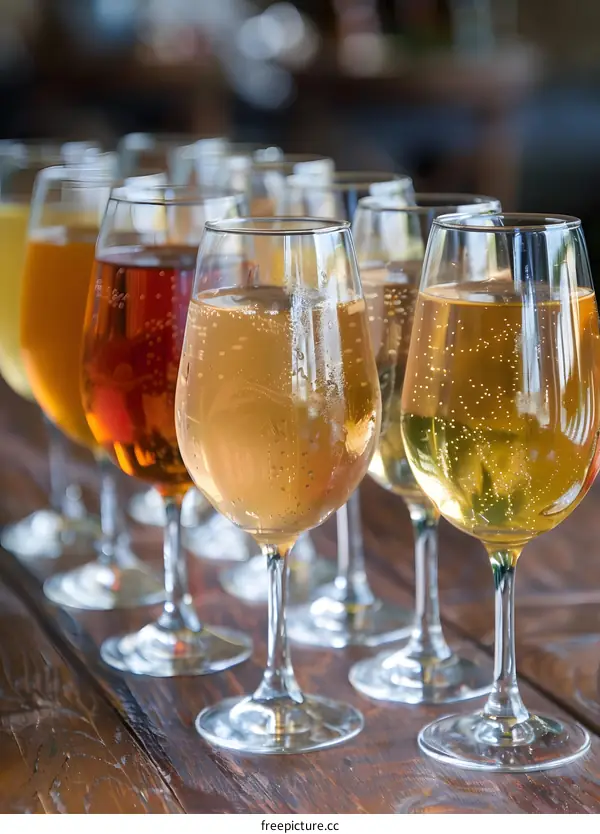 Row of Wine Glasses on Wooden Table