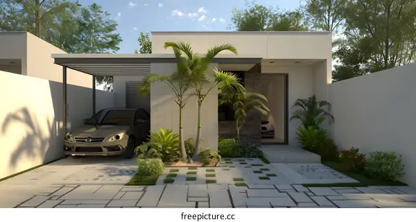 Modern House with Palm Trees and Carport