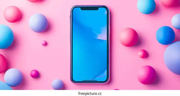 Pink and Blue Spheres with Smartphone on a Pink Background