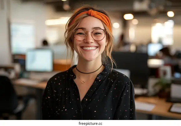 Smiling Young Woman in Modern Office Environment
