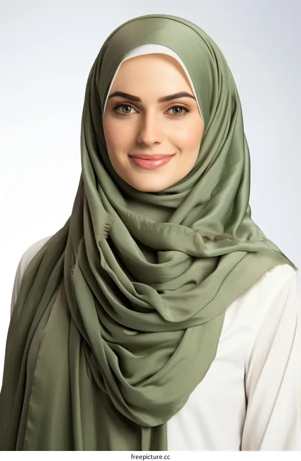 A young woman wearing a green hijab smiles at the camera