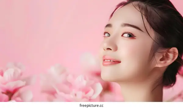 Beautiful Asian Woman with Flowers on Pink Background