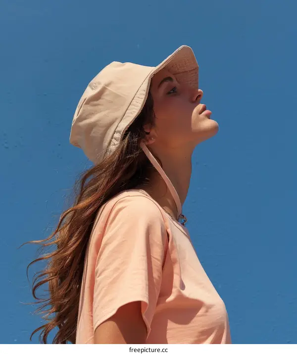 Young woman wearing a hat looking up at the sky