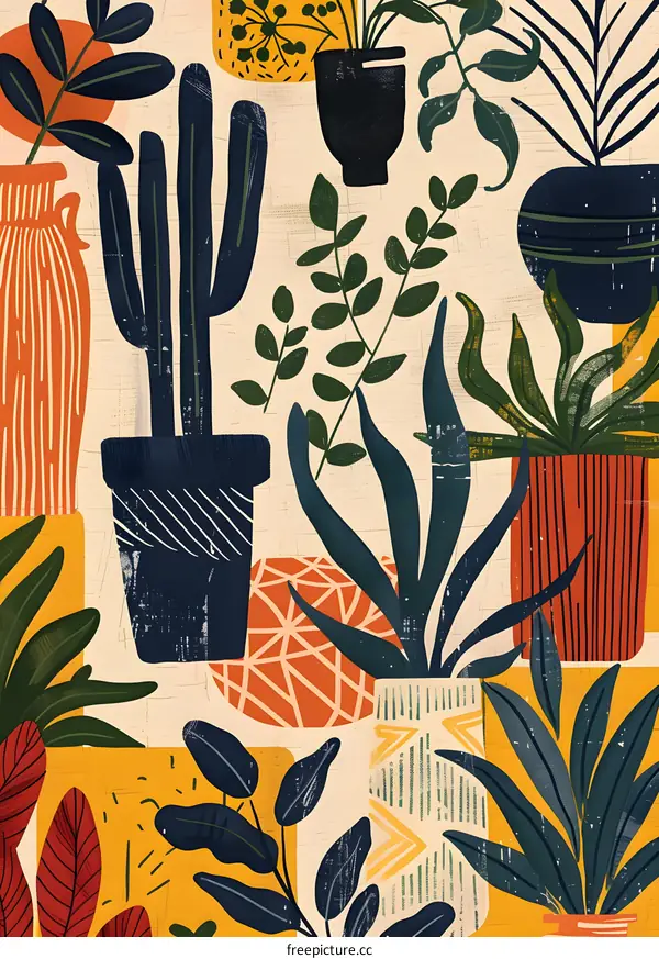 Abstract Houseplants Illustration with Geometric Patterns and Bold Colors