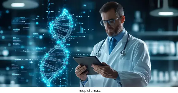 Medical Doctor Using Digital Tablet with DNA Structure