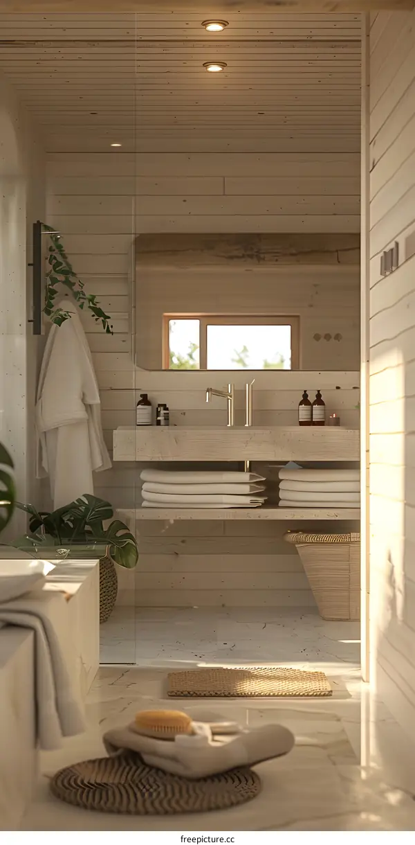 Bathroom design in IKEA style, including bathtub, shower, double sink and storage space