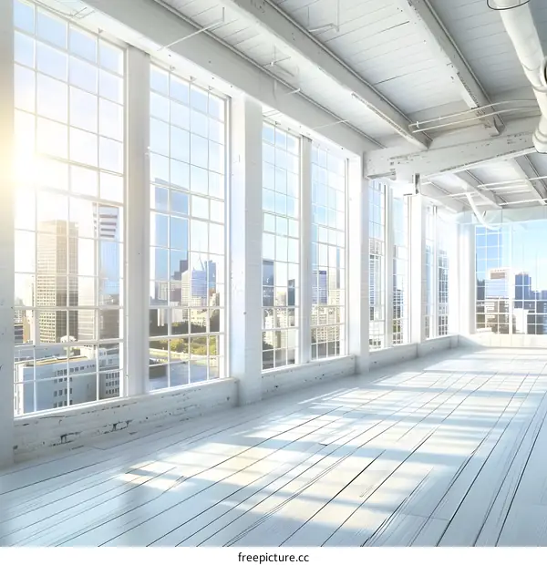 Empty Loft Room with Big Windows and City View