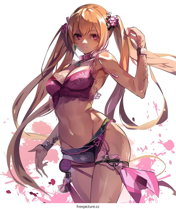 Anime Illustration of Woman with Blonde Hair in Pink Outfit