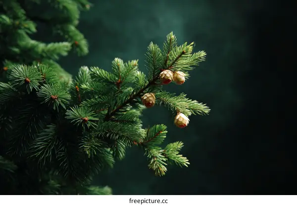 Close-up of a Christmas tree branch with cones