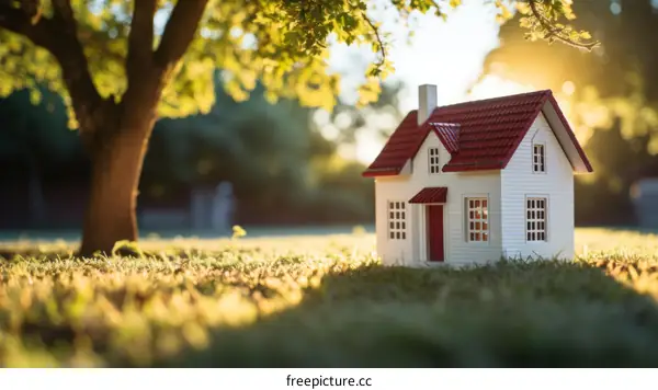 Small White House Model Sitting on Green Grass Near Tree
