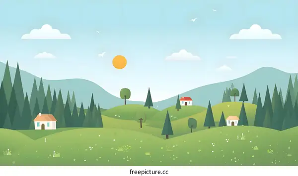 Simple Landscape with Green Hills and Houses