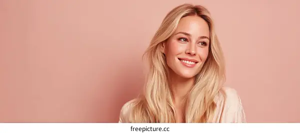 Blond Woman Portrait Against Pink Background