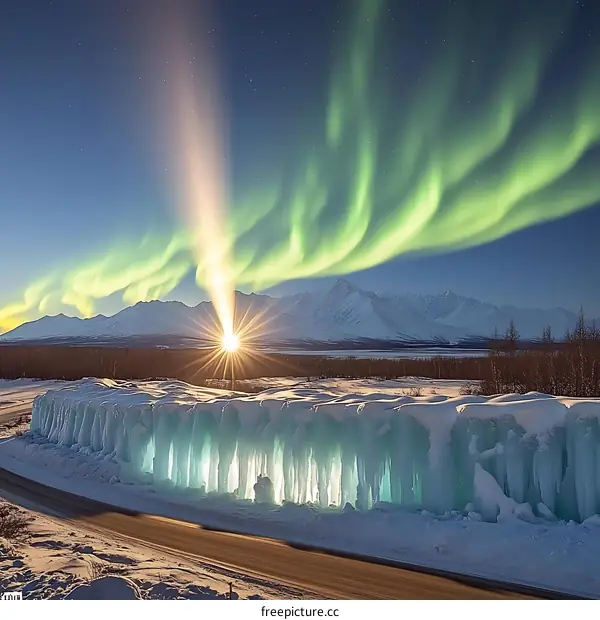 Aurora Borealis Lights Over Snow Covered Mountain Range