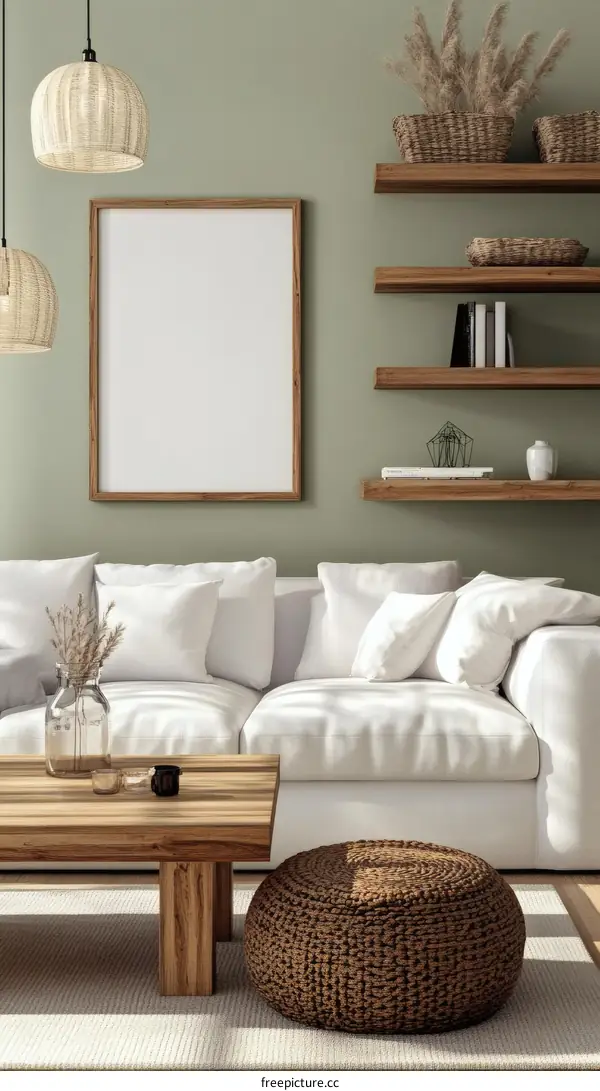 Modern Cozy Living Room Mockup with Blank Frame