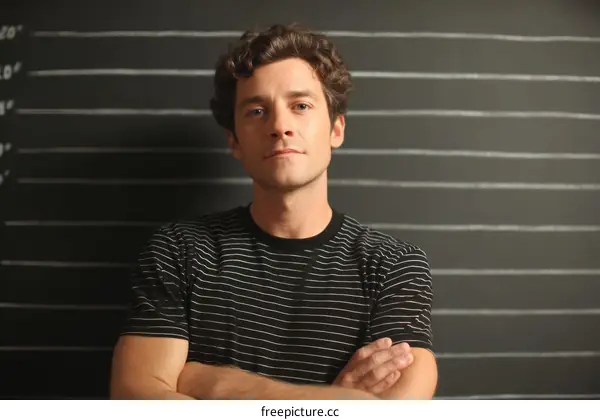 A young man in casual striped shirt standing against blackboard background