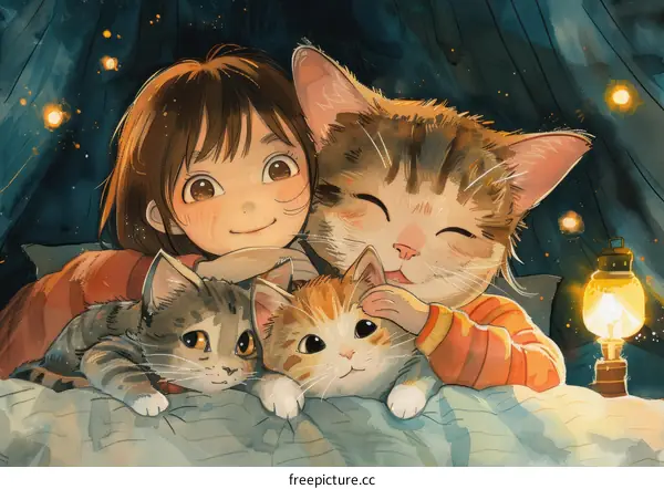 A girl is sleeping in a tent with two cats