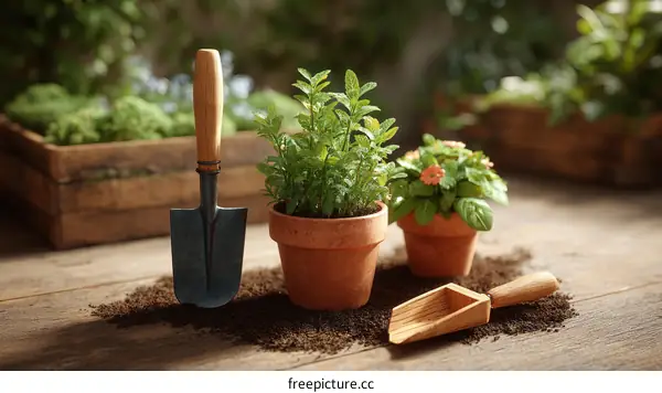 Gardening Tools and Plants on Wooden Table