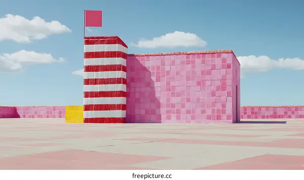 Pink and Red Striped Building with a Flag
