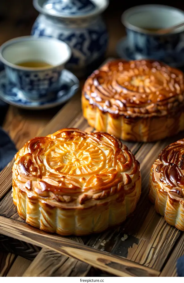 Closeup of Delicious Moon Cakes on Wooden Tray
