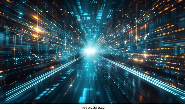 Blue and orange glowing technology tunnel