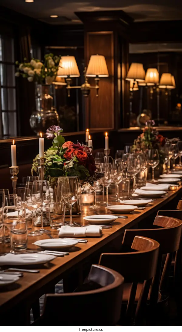 Luxurious Long Banquet Table with Wine Glasses and Flowers