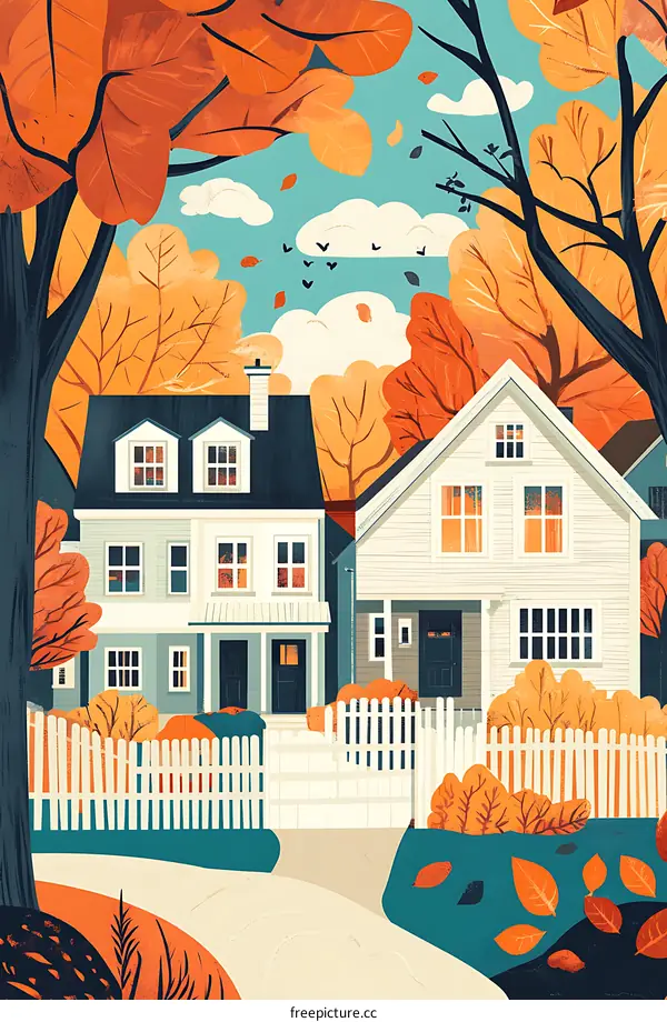 Autumn Day in a Neighborhood with Two Houses