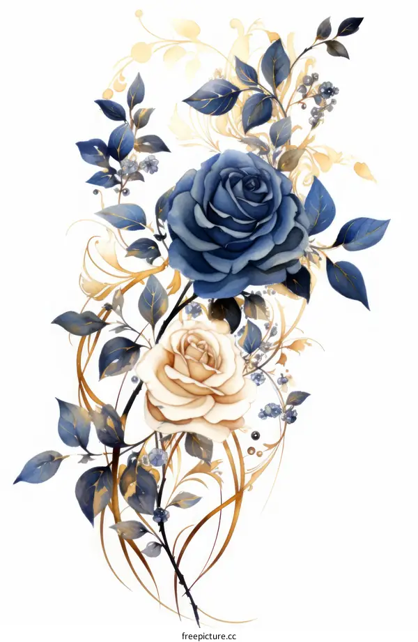 Blue and Gold Roses with Leaves and Vines