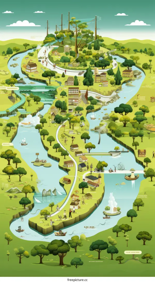 An illustration of a river flowing through a green landscape with various people and activities along its banks