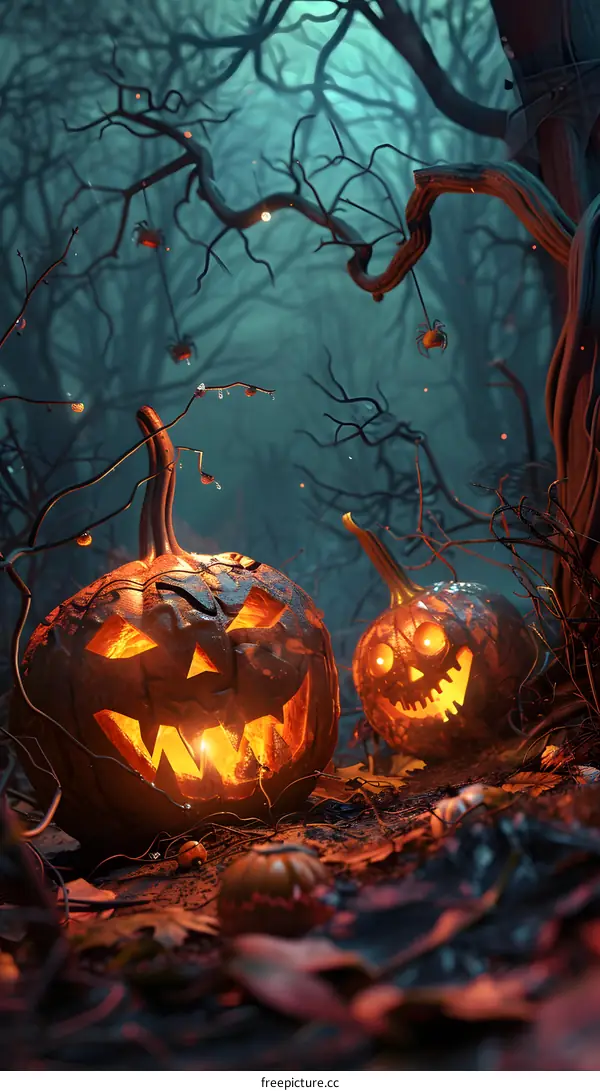 Two Halloween pumpkins in a spooky forest
