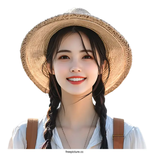 [Transparent Background PNG]Smiling Asian Woman in Straw Hat