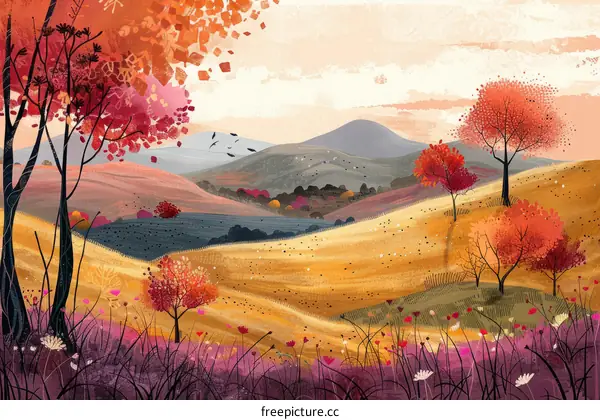 Colorful rolling hills in the fall season