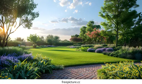 A lush garden with a brick walking path