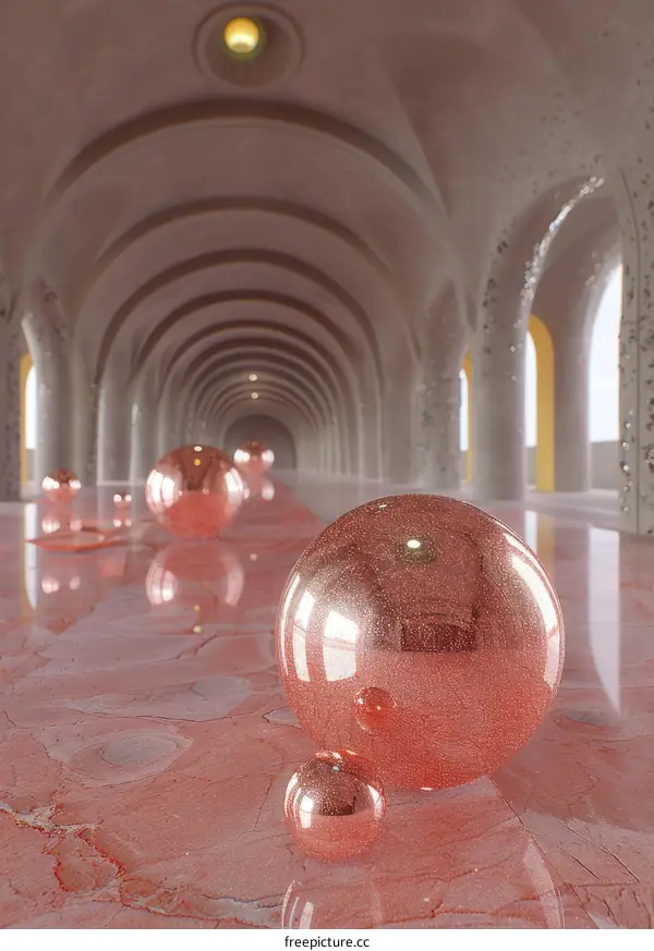 Pink Spheres in a Marble Hallway