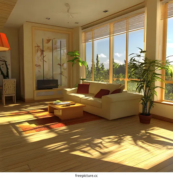 Modern Living Room Interior Design with Wooden Floor and Large Windows