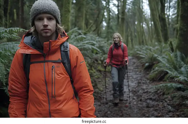Couple Hiking Through Forest Trail
