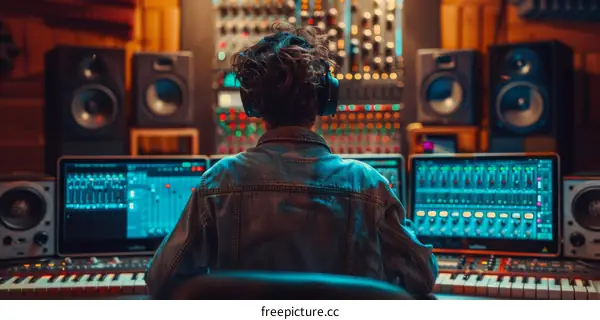 backside view of a person in a recording studio