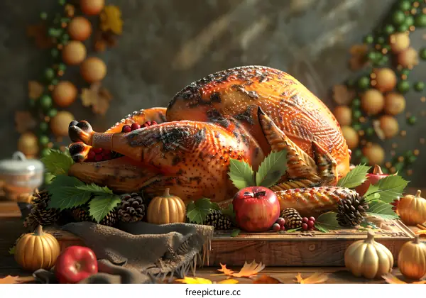 Thanksgiving dinner with roasted turkey, pumpkins, apples and leaves