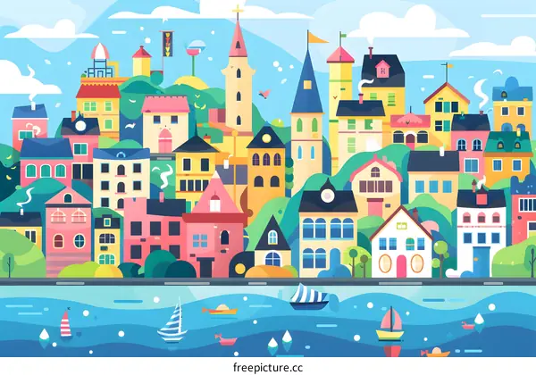 Colorful Illustration of a Town by the Sea