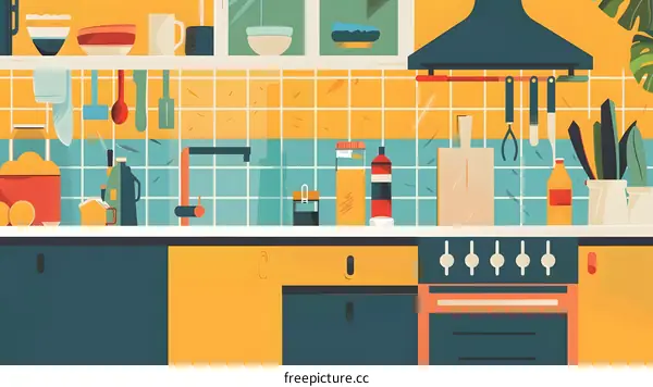 Kitchen Interior Illustration with Colorful Cabinets and Appliances