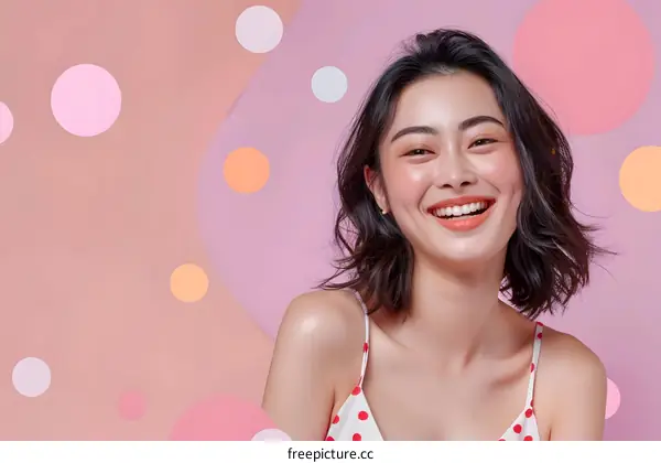 Portrait of Smiling Asian Woman with Polka Dot Dress